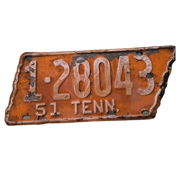 Tennessee License Plate 1951 Orange 1-28043 Vintage Original Paint State Shaped